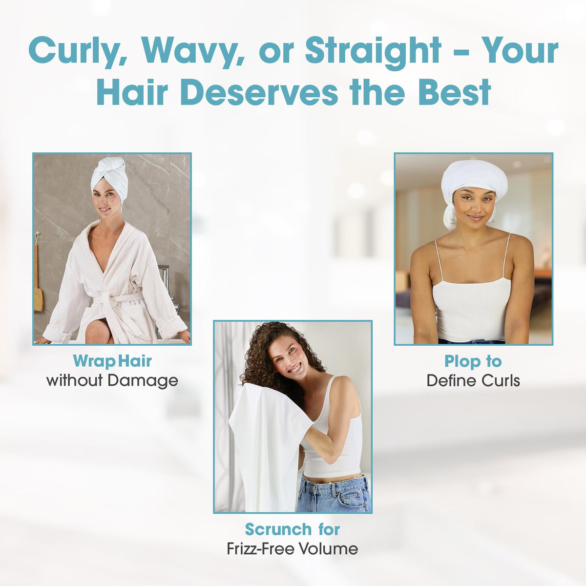 Woman wrapping wet hair with Hair RePear towel demonstrating secure no-slip hold and comfort benefit