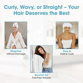 Woman wrapping wet hair with Hair RePear towel demonstrating secure no-slip hold and comfort benefit