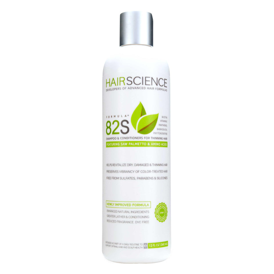 Hair Science front packaging showing Formula 82S bottle and branding, highlighting professional-grade support