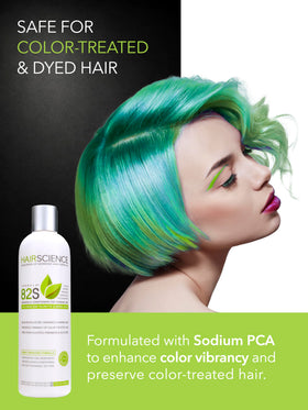 Hair Science bottle staged on bathroom shelf for a lifestyle view signaling routine scalp care