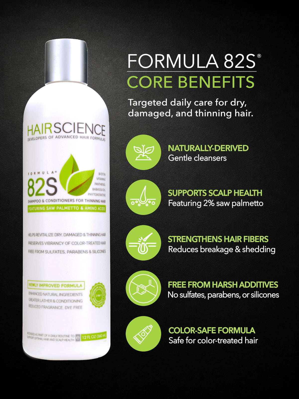 Hair Science shampoo texture on hand dispensed from bottle demonstrating gentle, creamy lather