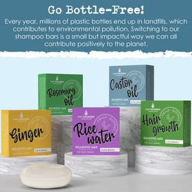 Hair Thickness Maximizer shampoo bar on bathroom shelf promoting zero-waste routine