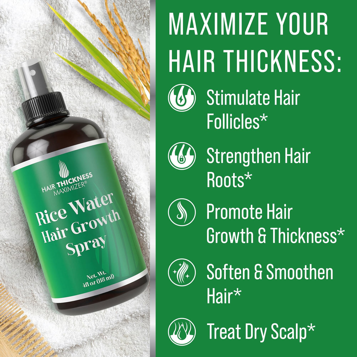 Hair Thickness Maximizer bottle held in hand to show compact 4oz size
