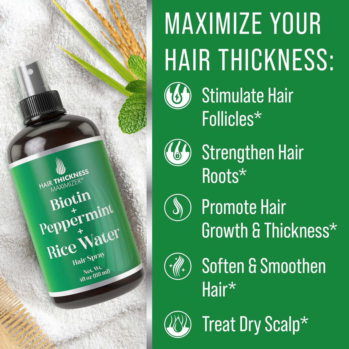 Hair Thickness Maximizer bottle held in hand over scalp to show easy targeted use benefit