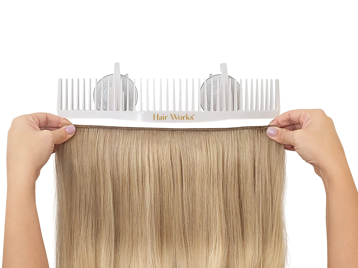 Hair Works beside ruler to show 13-inch width for correct fit benefit