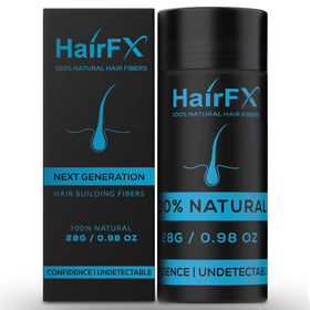 HairFX front packaging bottle showing black fibers and large 28g size for value