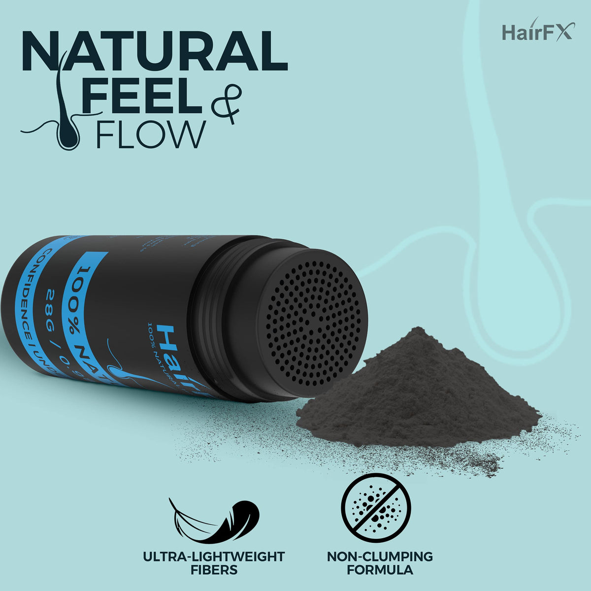 Close-up texture of HairFX black fibers highlighting natural blend and fine particles