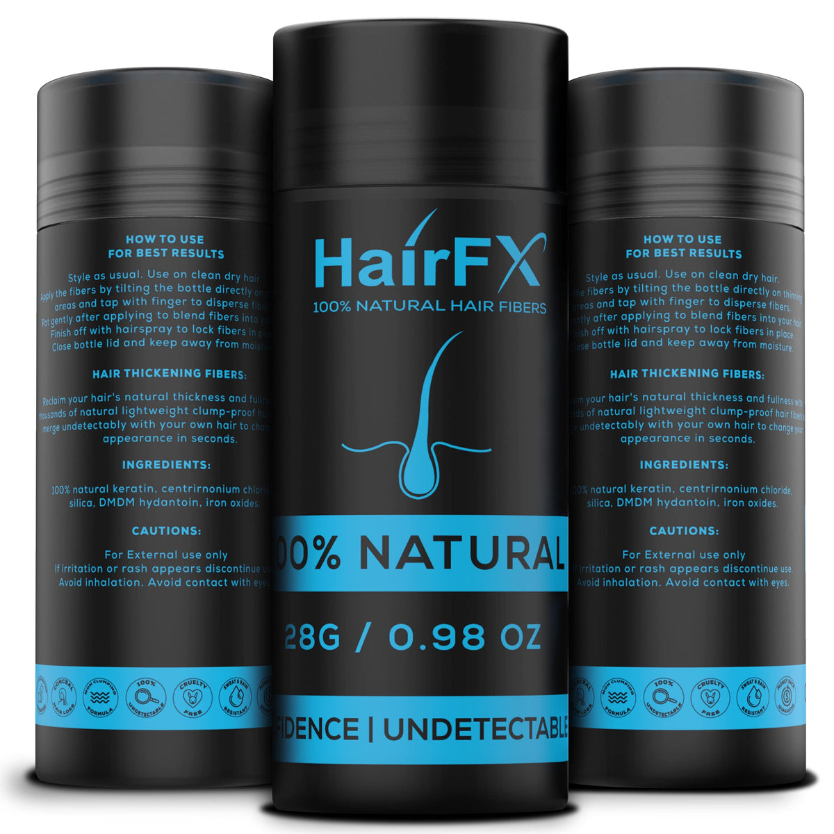 HairFX dark brown front bottle showing product packaging and instant thicker appearance