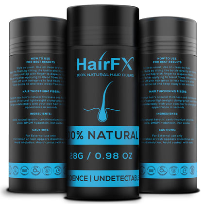 HairFX dark brown front bottle showing product packaging and instant thicker appearance