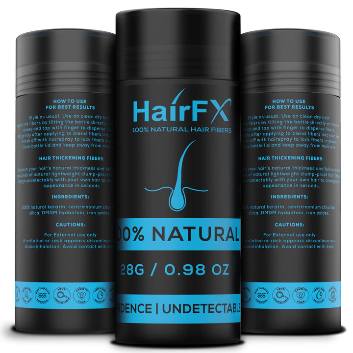 HairFX dark brown front bottle showing product packaging and instant thicker appearance