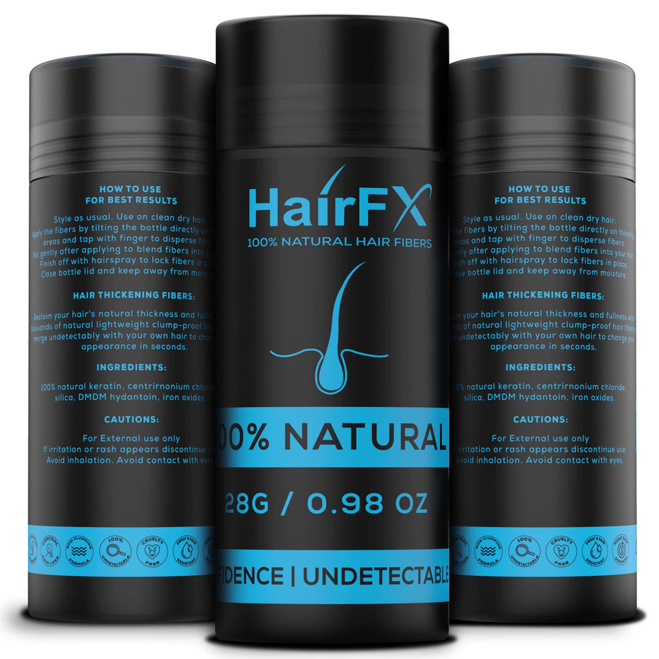 HairFX dark brown front bottle showing product packaging and instant thicker appearance