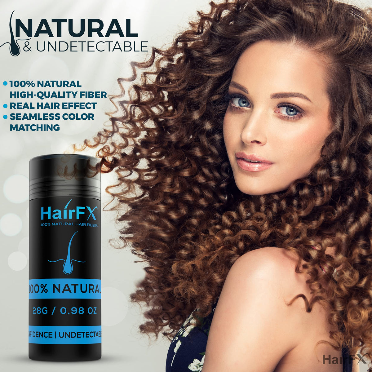 HairFX dark brown powder close-up highlighting fine fibers for realistic coverage
