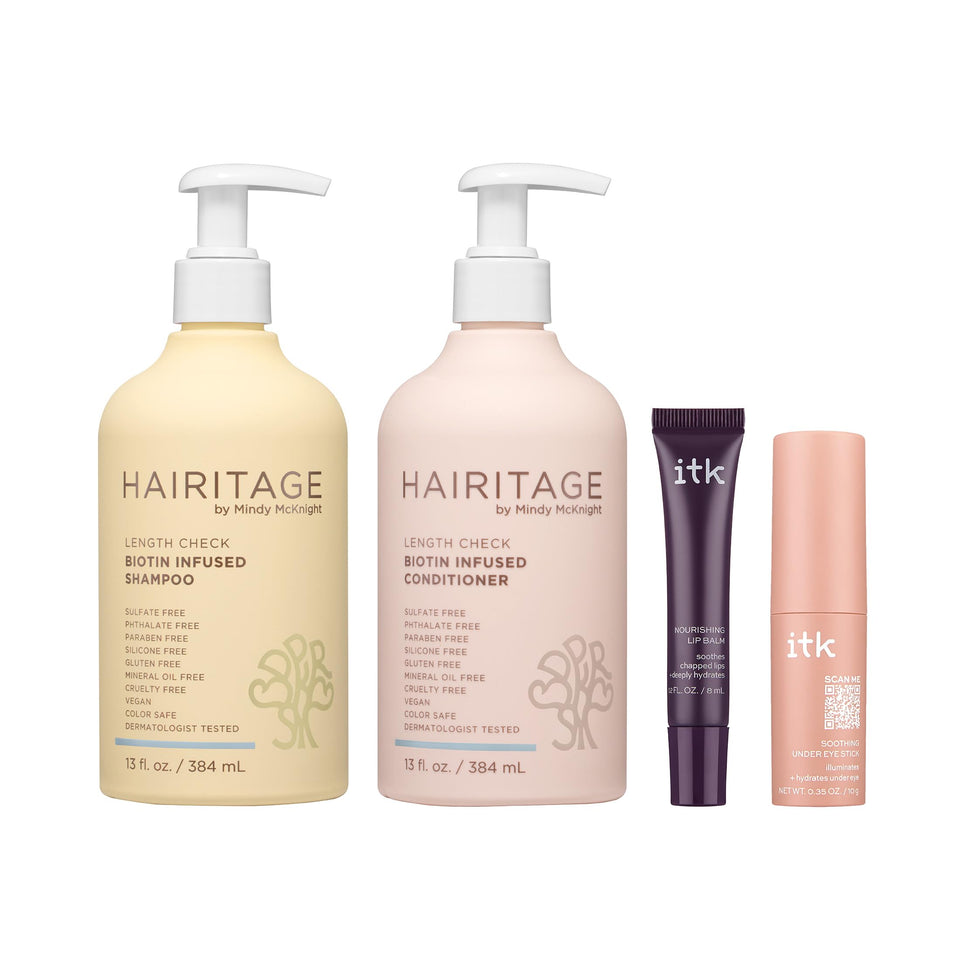 Hairitage front bottle showing label and benefits for fuller-feeling hair
