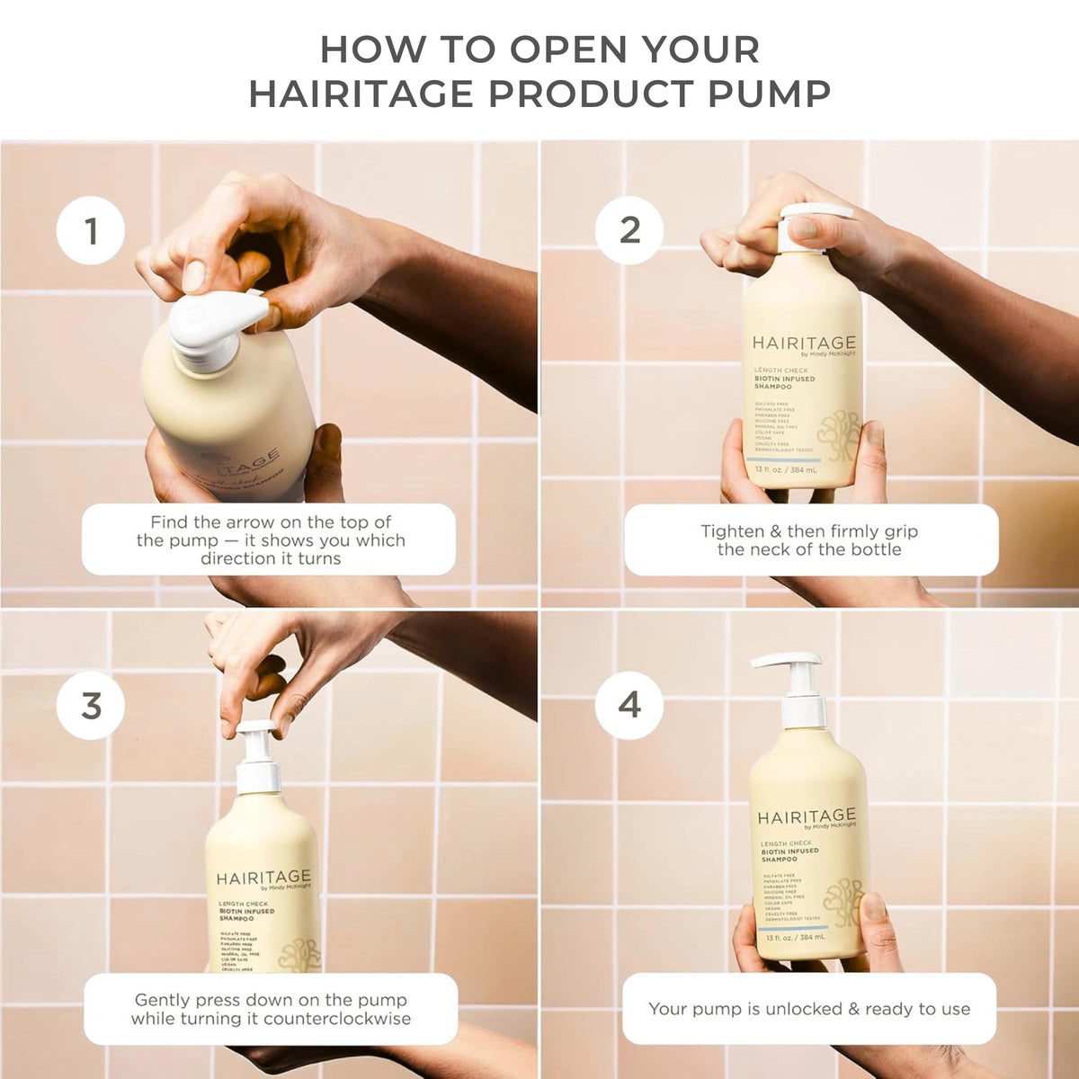 Hairitage in-shower application showing how to use shampoo and conditioner for best results