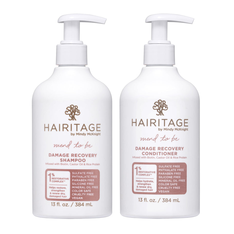 Hairitage front packaging of shampoo and conditioner set showing bottles and benefits