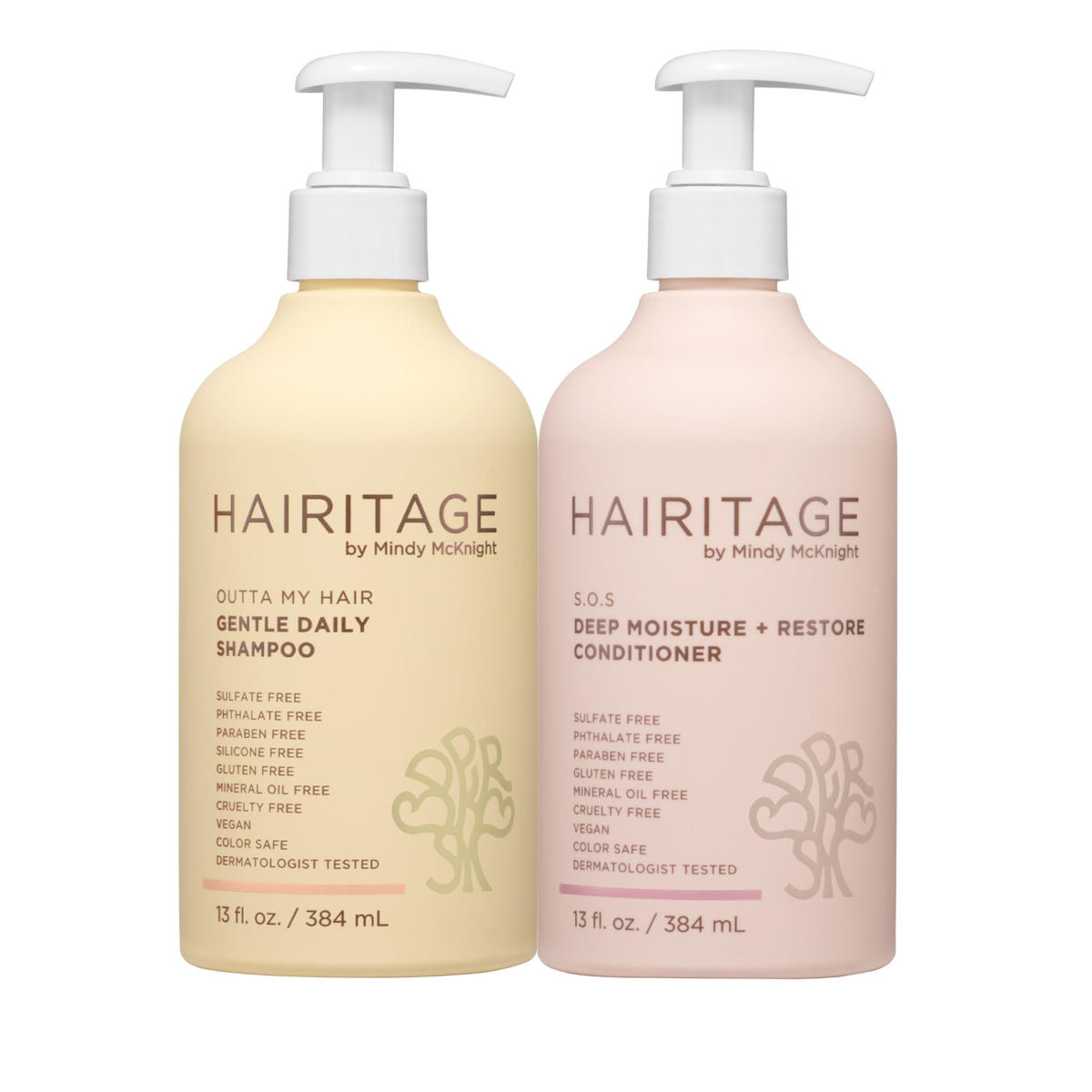 Hairitage front packaging showing shampoo and conditioner for easy identification and benefits