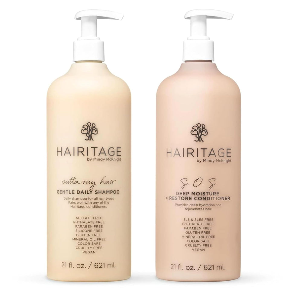 Hairitage front packaging of shampoo and conditioner showing two 21oz bottles and benefits