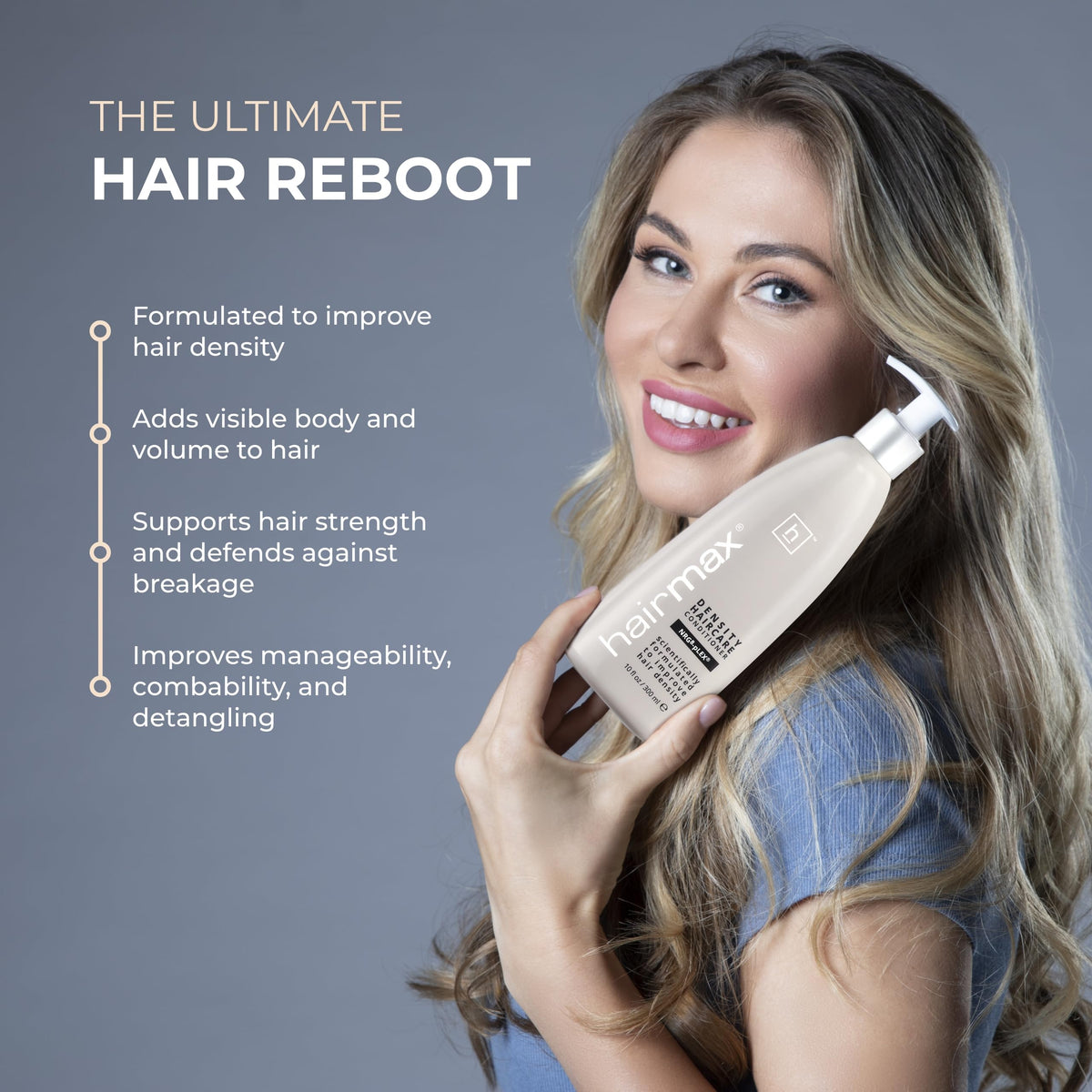 Hairmax conditioner in shower being applied to wet hair to reduce tangles and breakage