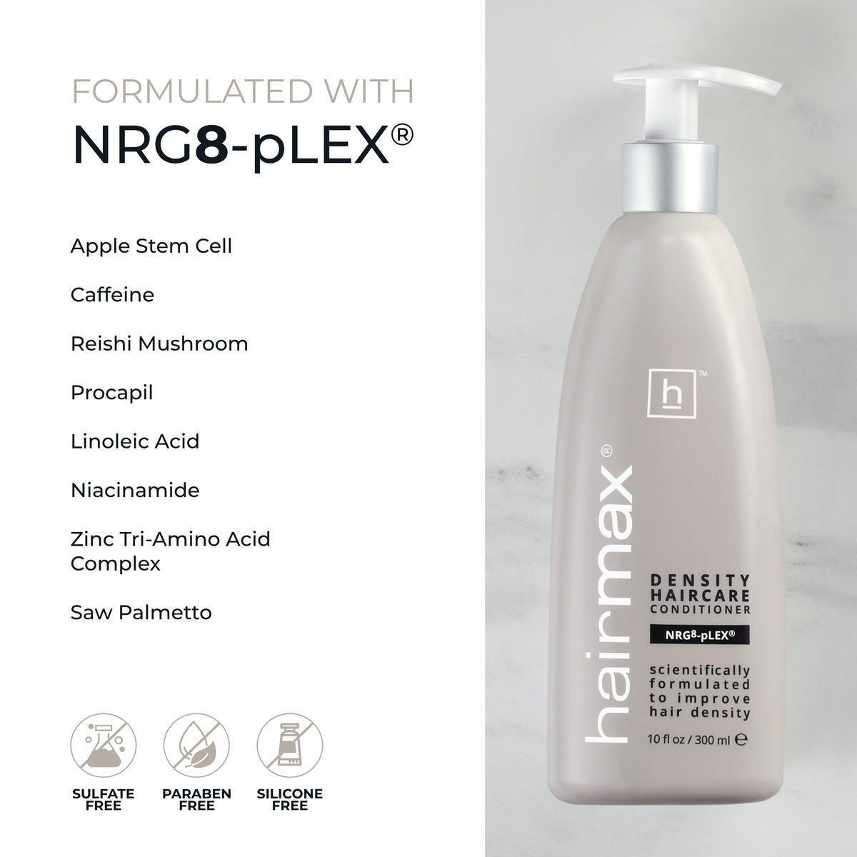 Hairmax ingredients label showing NRG8-pLEX blend and botanical extracts for nourishment