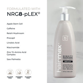 Hairmax ingredients label showing NRG8-pLEX blend and botanical extracts for nourishment