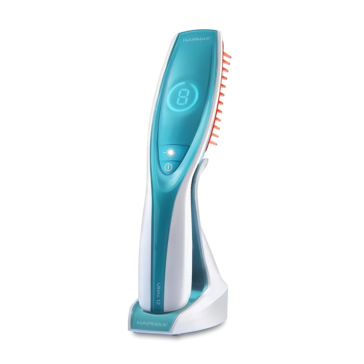 HairMax Ultima 12 comb head close-up showing 12 medical-grade lasers for even scalp coverage