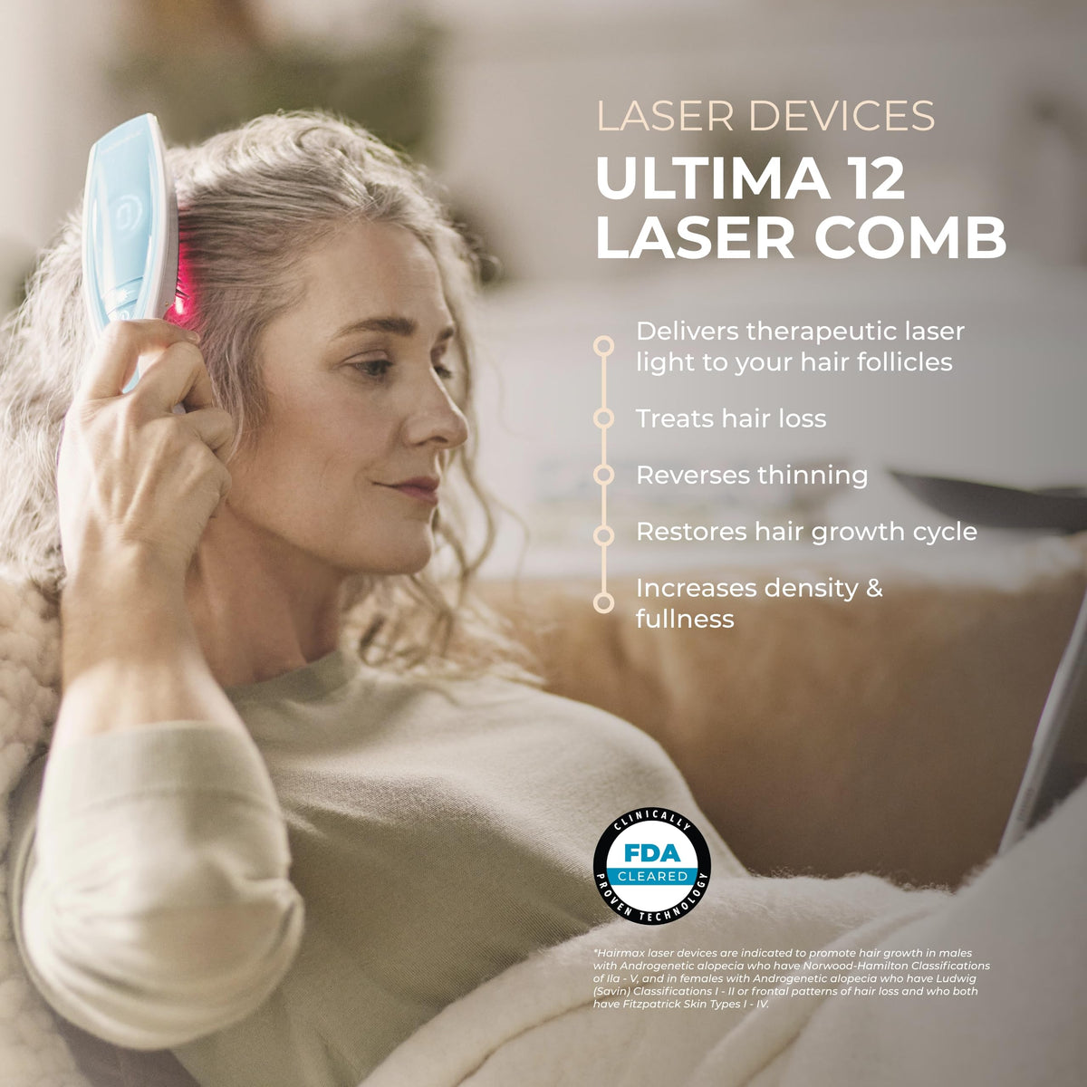 Hairmax Ultima 12 in use on scalp demonstrating targeted light delivery