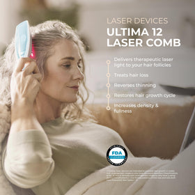 Hairmax Ultima 12 in use on scalp demonstrating targeted light delivery