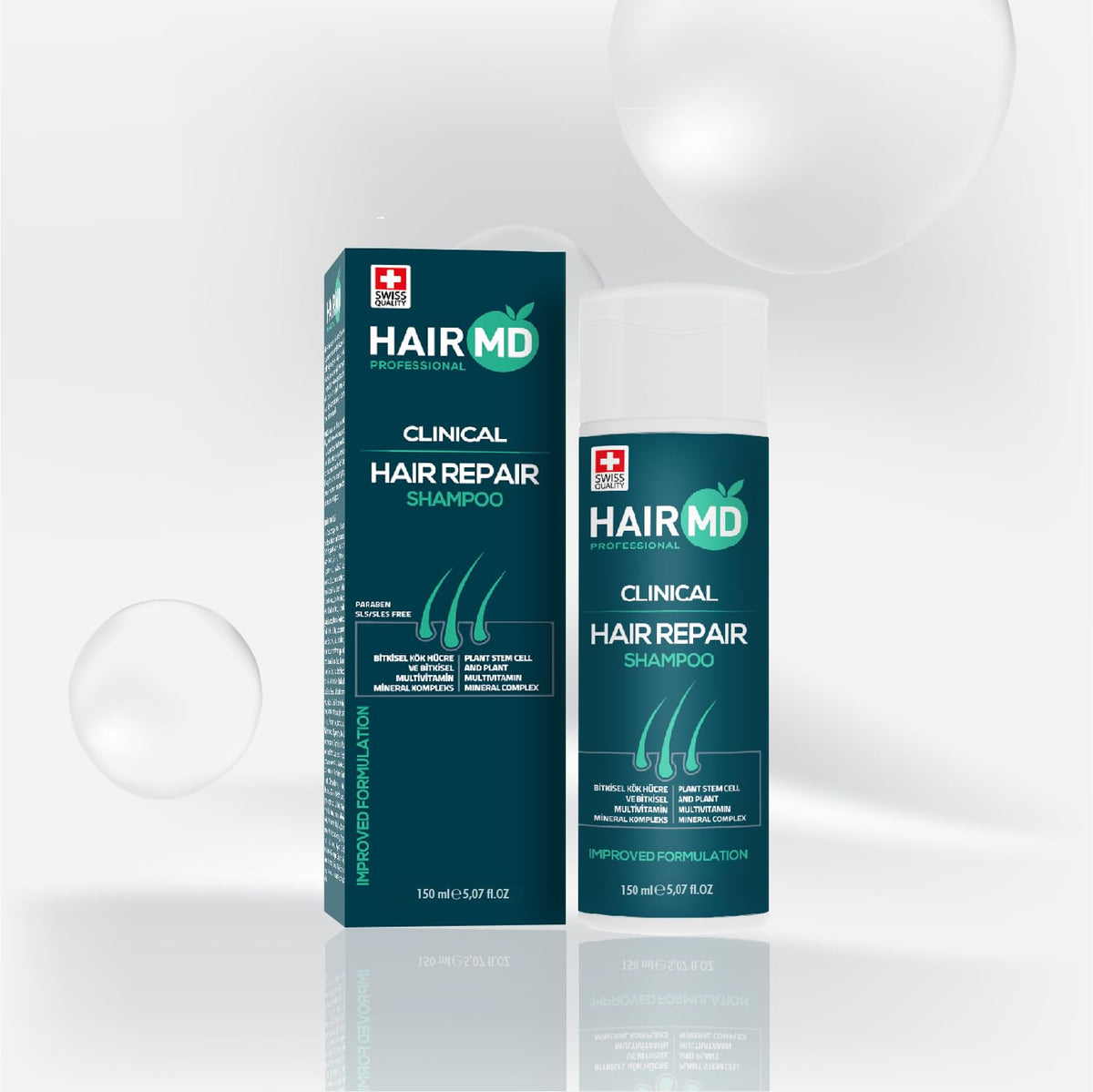 HairMD label close-up displaying ingredients and gentle formula benefit