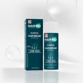 HairMD label close-up displaying ingredients and gentle formula benefit