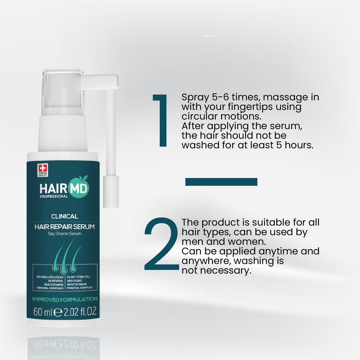 HairMD 60ml bottle beside a coin to show bottle size and travel convenience