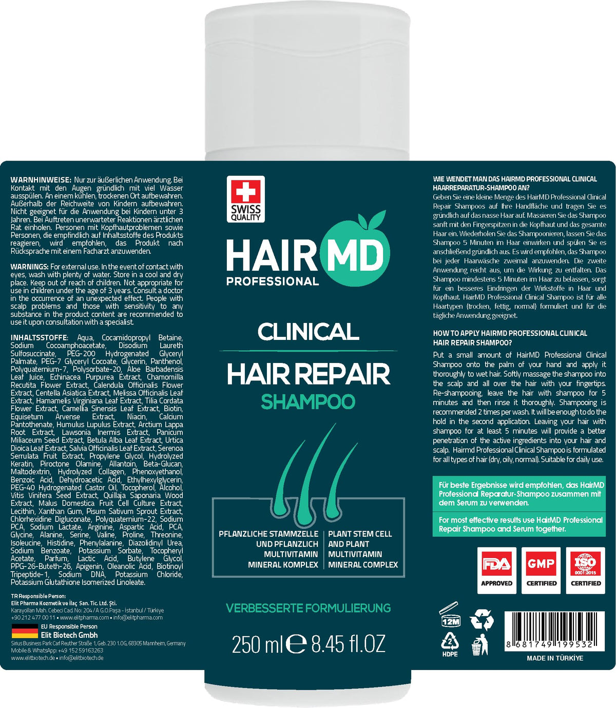 HairMD bottle held in hand indicating 250ml travel-friendly benefit