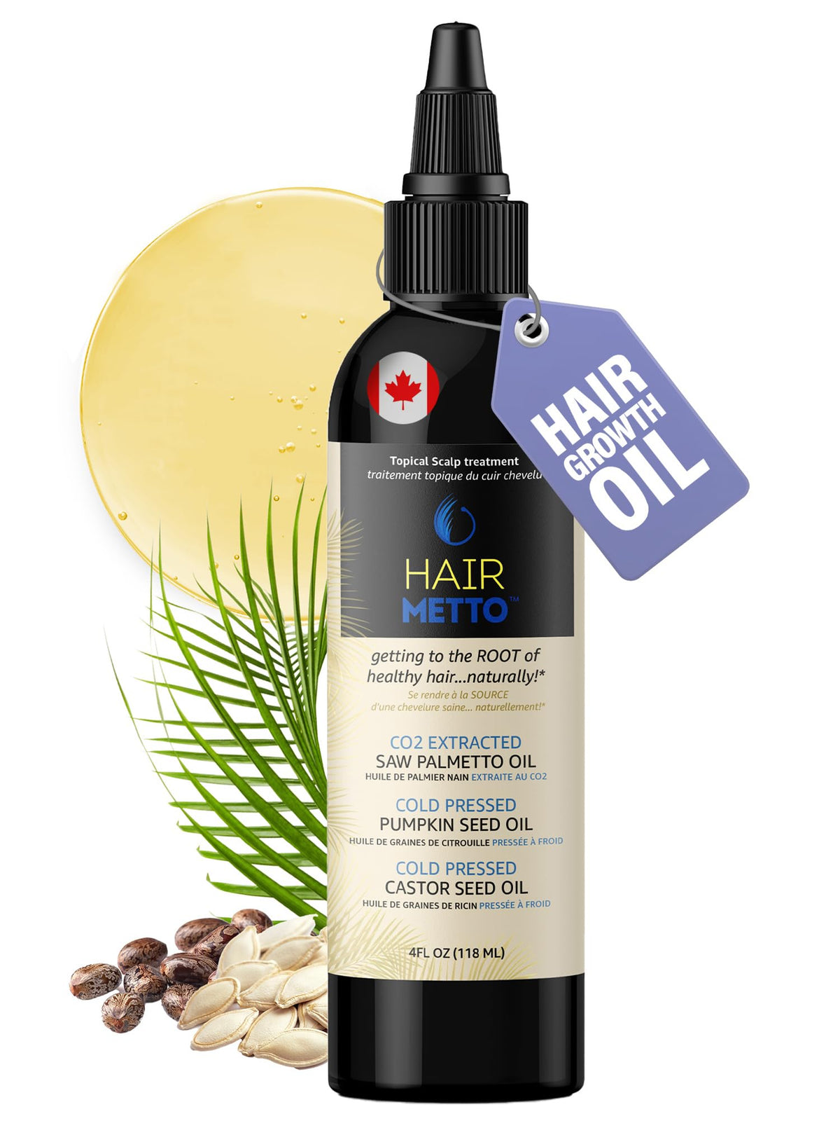 HAIRMETTO front bottle view showing packaging and 4oz size benefit