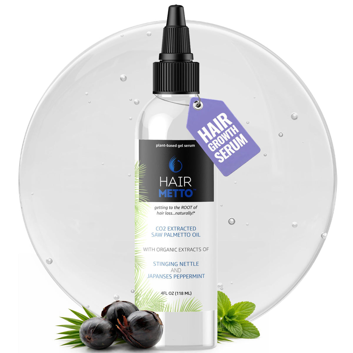 HAIRMETTO front packaging bottle shows product and benefits