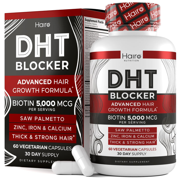 Hairo Nutrition bottle front facing camera shows supplement benefits