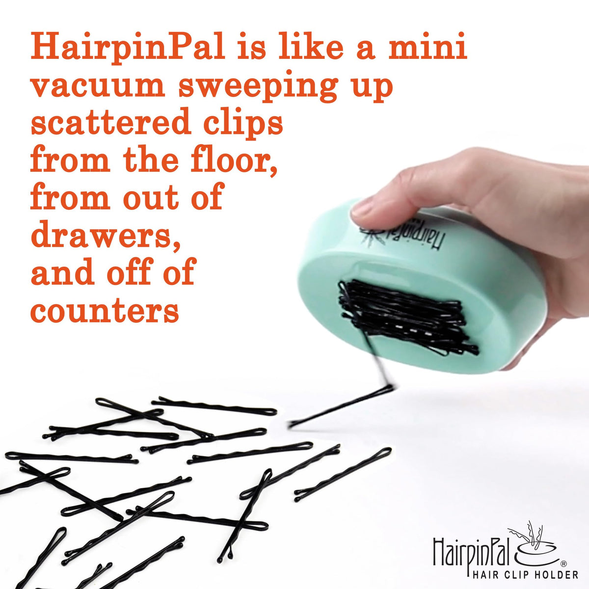 Hand holding HairpinPal showing compact size and portability benefit