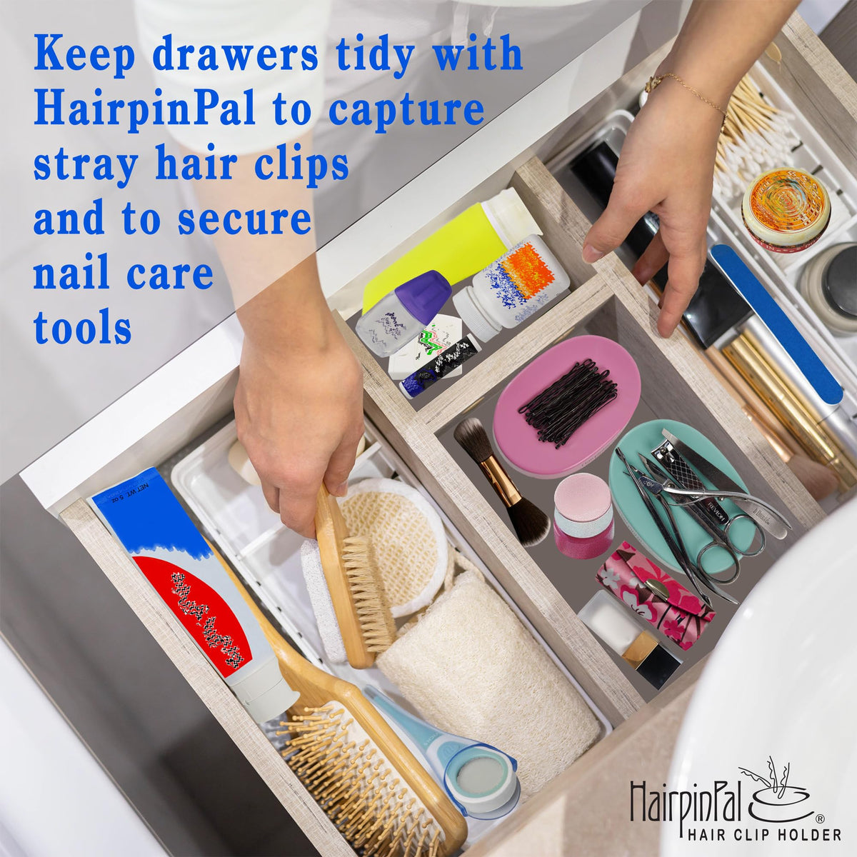 HairpinPal top view with bobby pins clustered for quick selection benefit