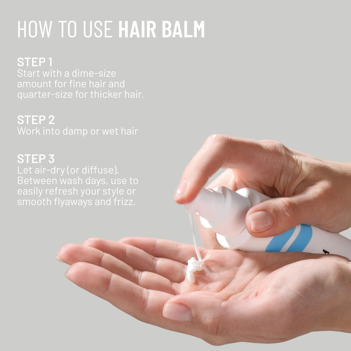 Hairstory Hair Balm smoothed on a hair strand showing smooth frizz control benefit