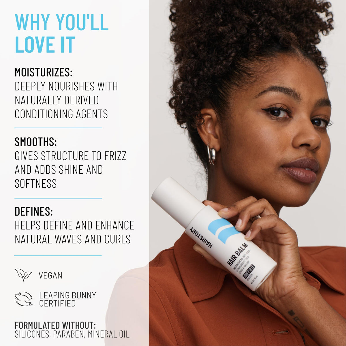 Hairstory Hair Balm being dispensed into palm demonstrating simple application