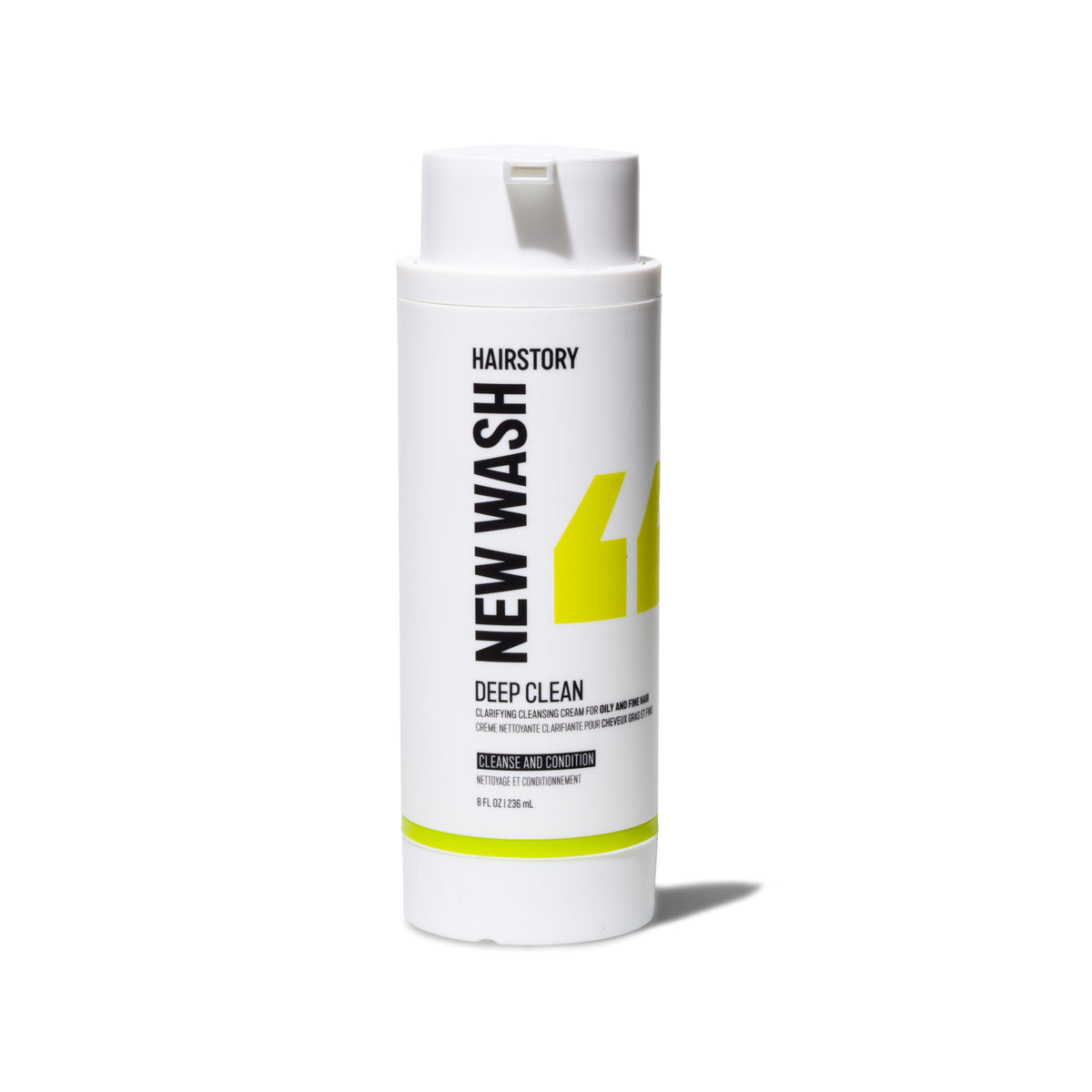 Hairstory New Wash front packaging showing clean design and benefit of clarifying