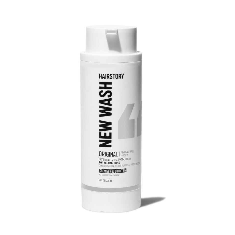 Hairstory front bottle view showing clean packaging and benefit of refillable design