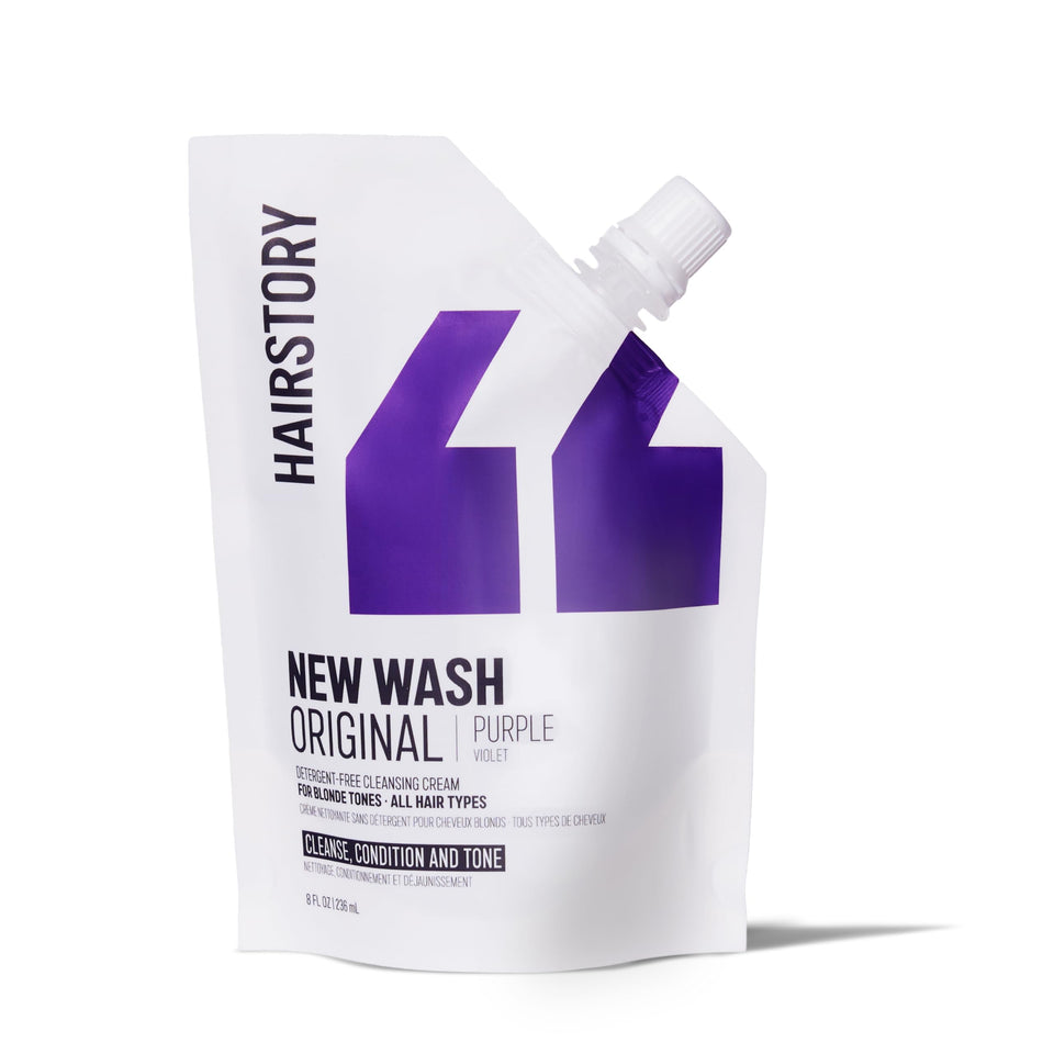 Hairstory front packaging of New Wash Purple showing refill pouch and branding benefits