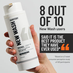 Hairstory refillable bottle next to box emphasizing sustainable refill benefit