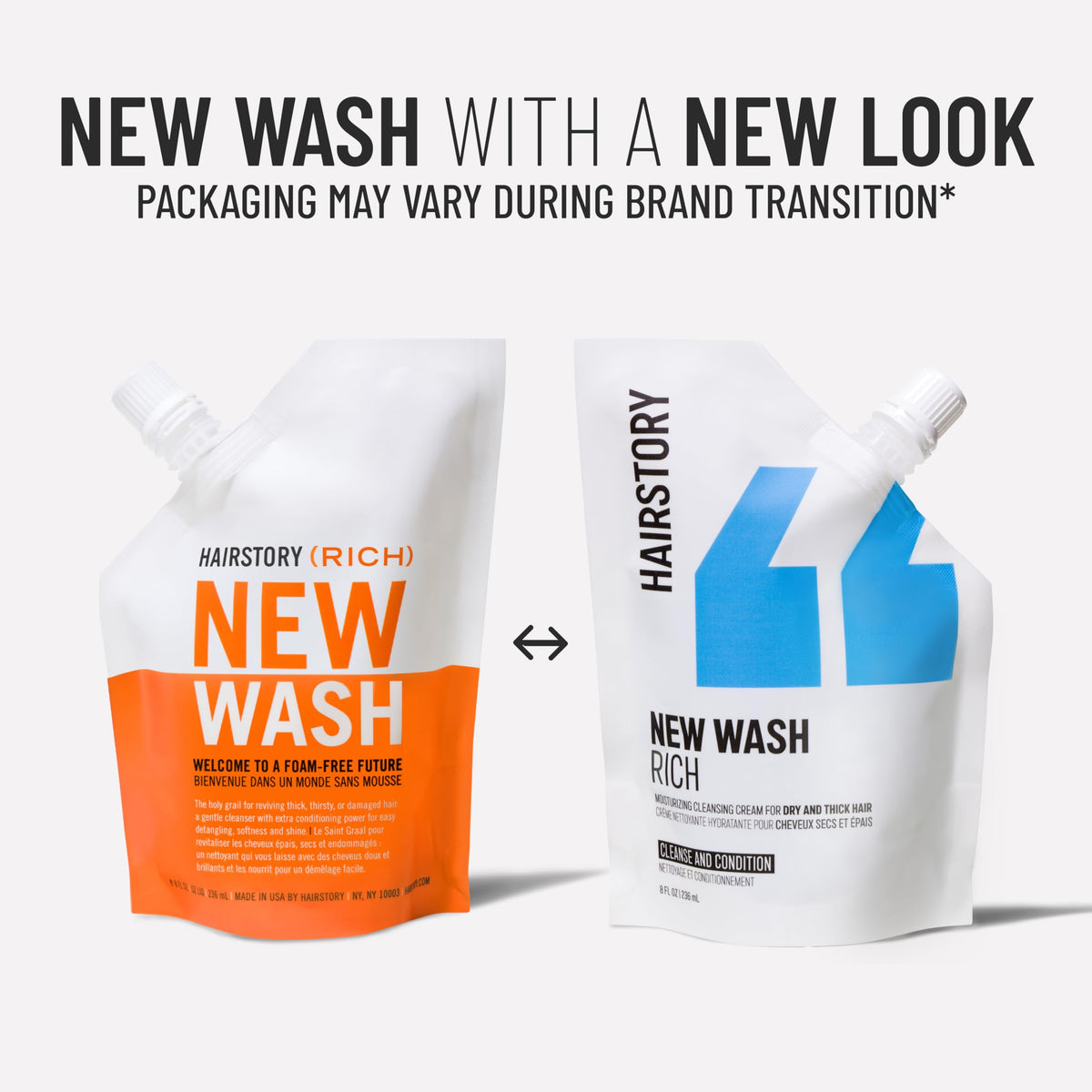 Hairstory New Wash Rich pouch staged in bathroom showing everyday use and clean storage