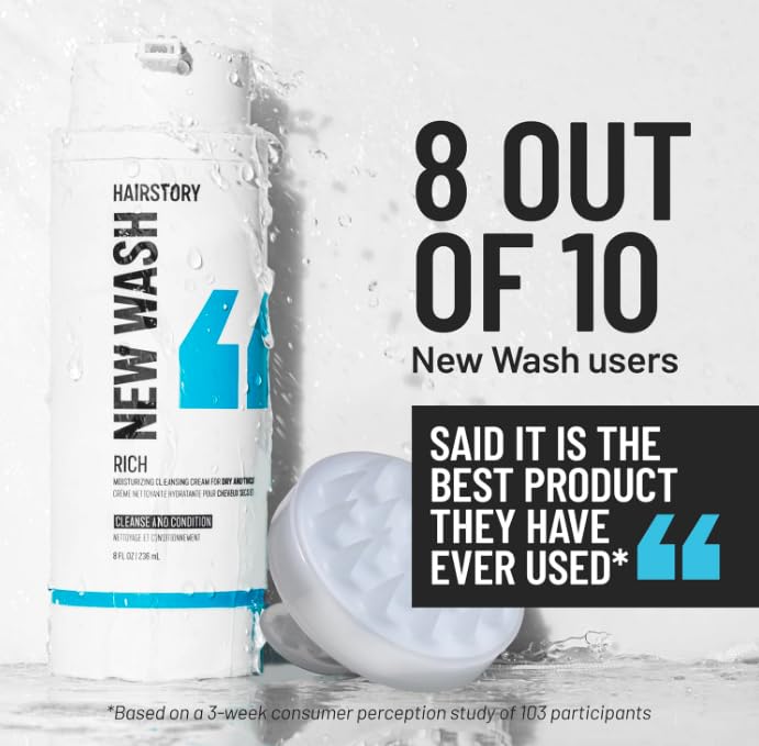 Hairstory New Wash Rich on bathroom shelf suggesting simplified routine