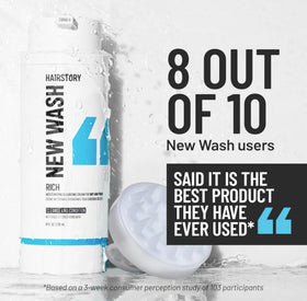 Hairstory New Wash Rich on bathroom shelf suggesting simplified routine
