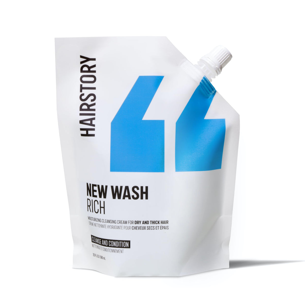 Hairstory New Wash Rich pouch front view showing product refill convenience and hydration