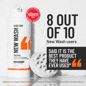 Hairstory New Wash next to ruler to display 8 fl oz size