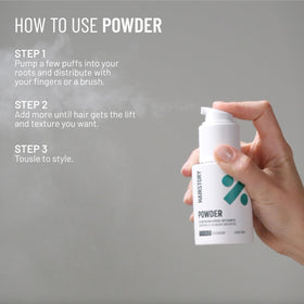 Hairstory Powder being applied to roots for instant oil absorption