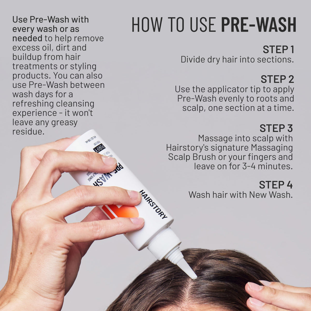 Hairstory Pre-Wash label and ingredients close-up highlighting prebiotic formula