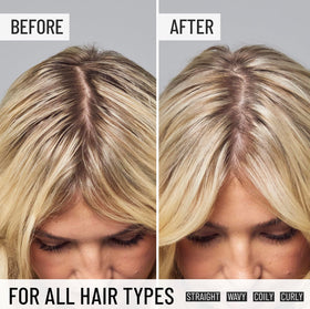 Hairstory Pre-Wash 4 fl oz bottle next to hand showing true size and portability